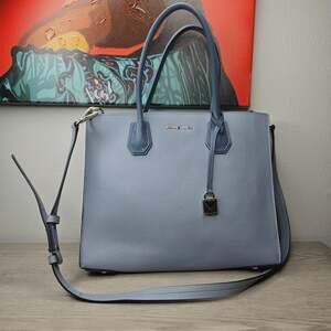Michael Kors Mercer Large Pebbled Leather Accordion Tote in Pale Blue